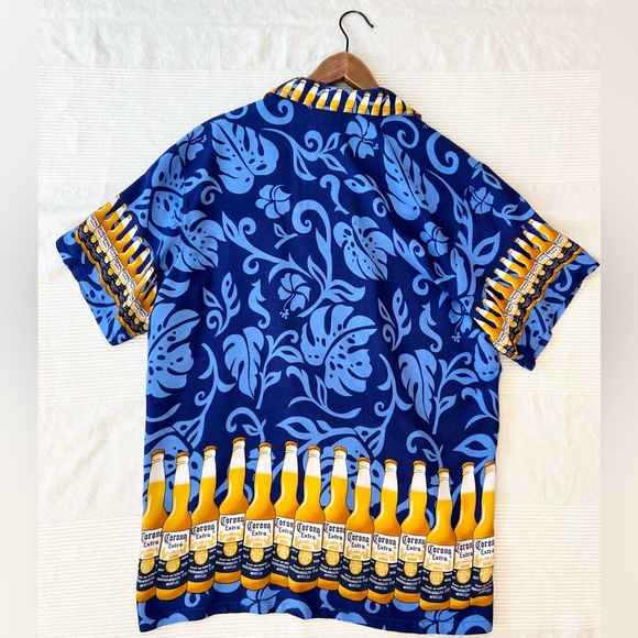 Vintage Corona Extra Beer Print Rayon Hawaiian Style Button Down Shirt - Picture 7 of 12